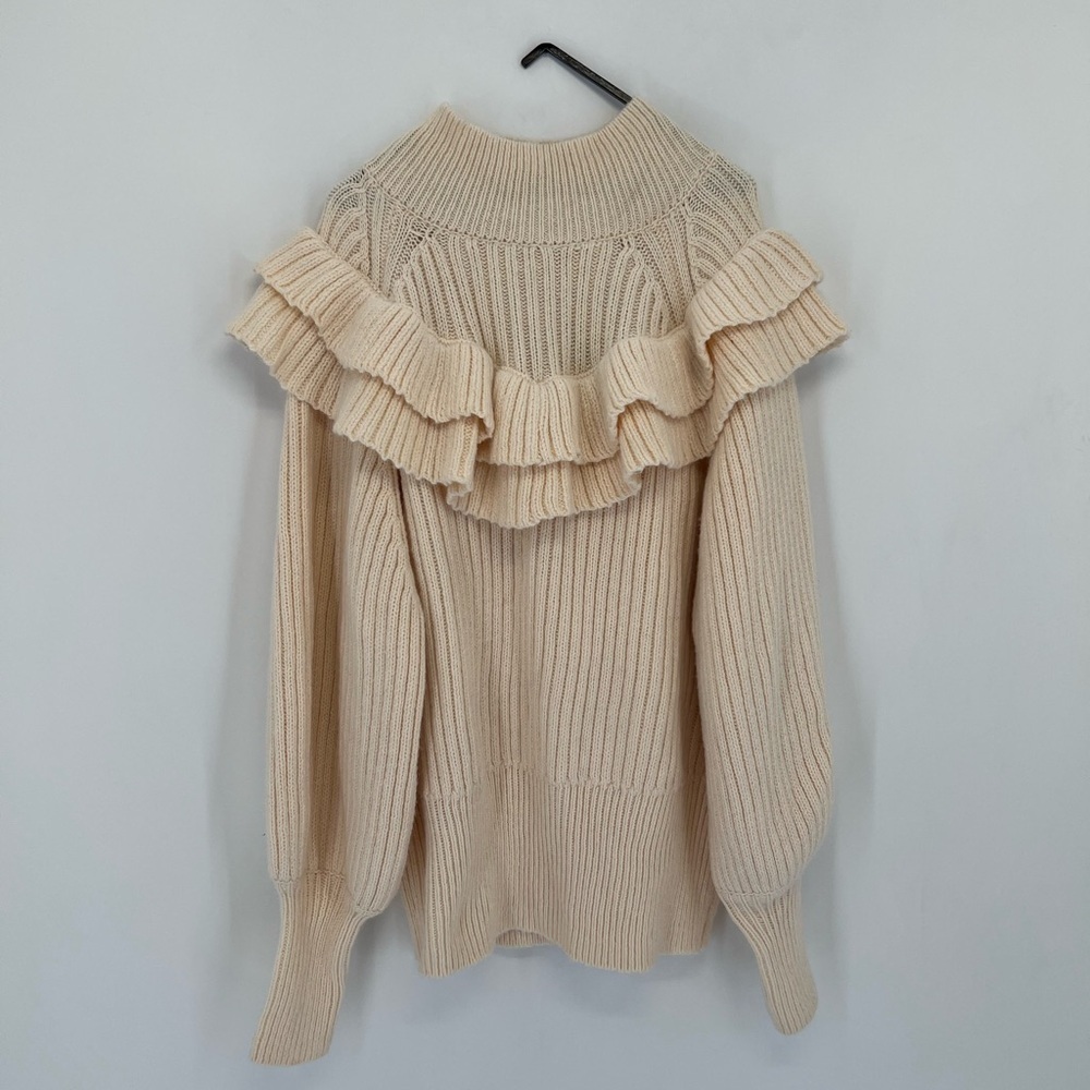 H&M Chunky Exaggerated Flounced Frill Ruffle Trim Rib Knit Jumper In Light Beige